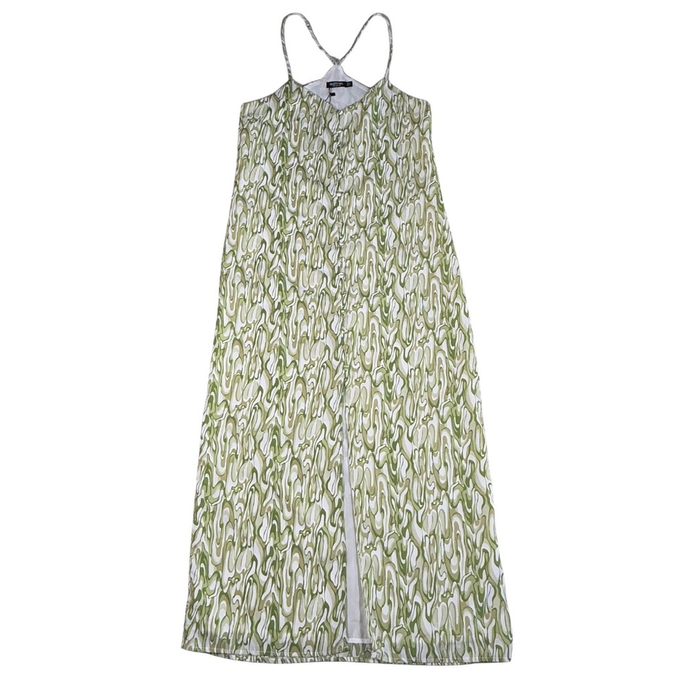 Nasty Gal Dress Women 4 Green White Groovy Wave Print Midi Slip Button Front NWT